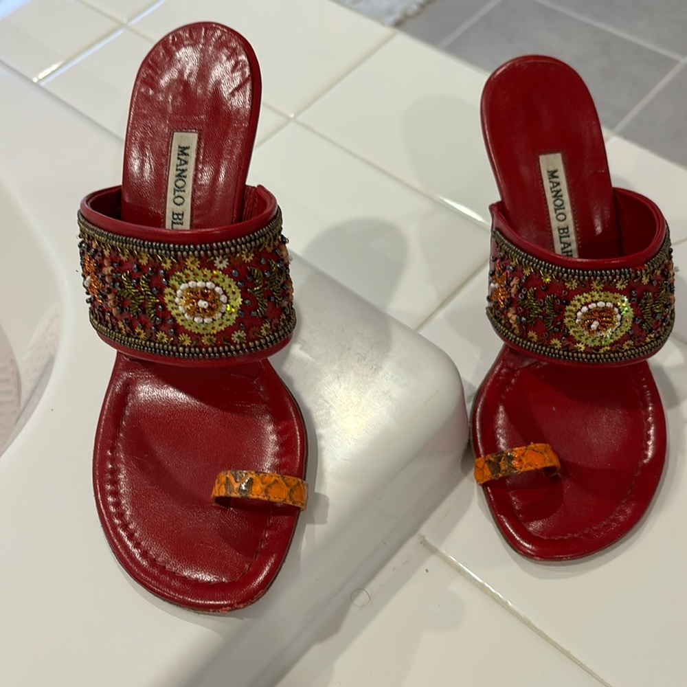 Manolo Blahnik Womens Red Sandal Heel Rapis Water Snake Leather Beaded Size 36